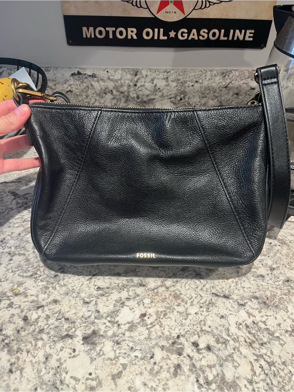 Fossil Black Pebbled Leather Crossbody Bag with Gold Hardware